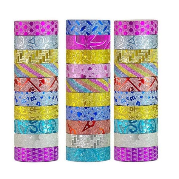 Success Stationery Colourful Decorative Adhesive Glitter Tape Rolls, Length 3m Each, Set of 30 (Colours and Designs May Vary), transparent